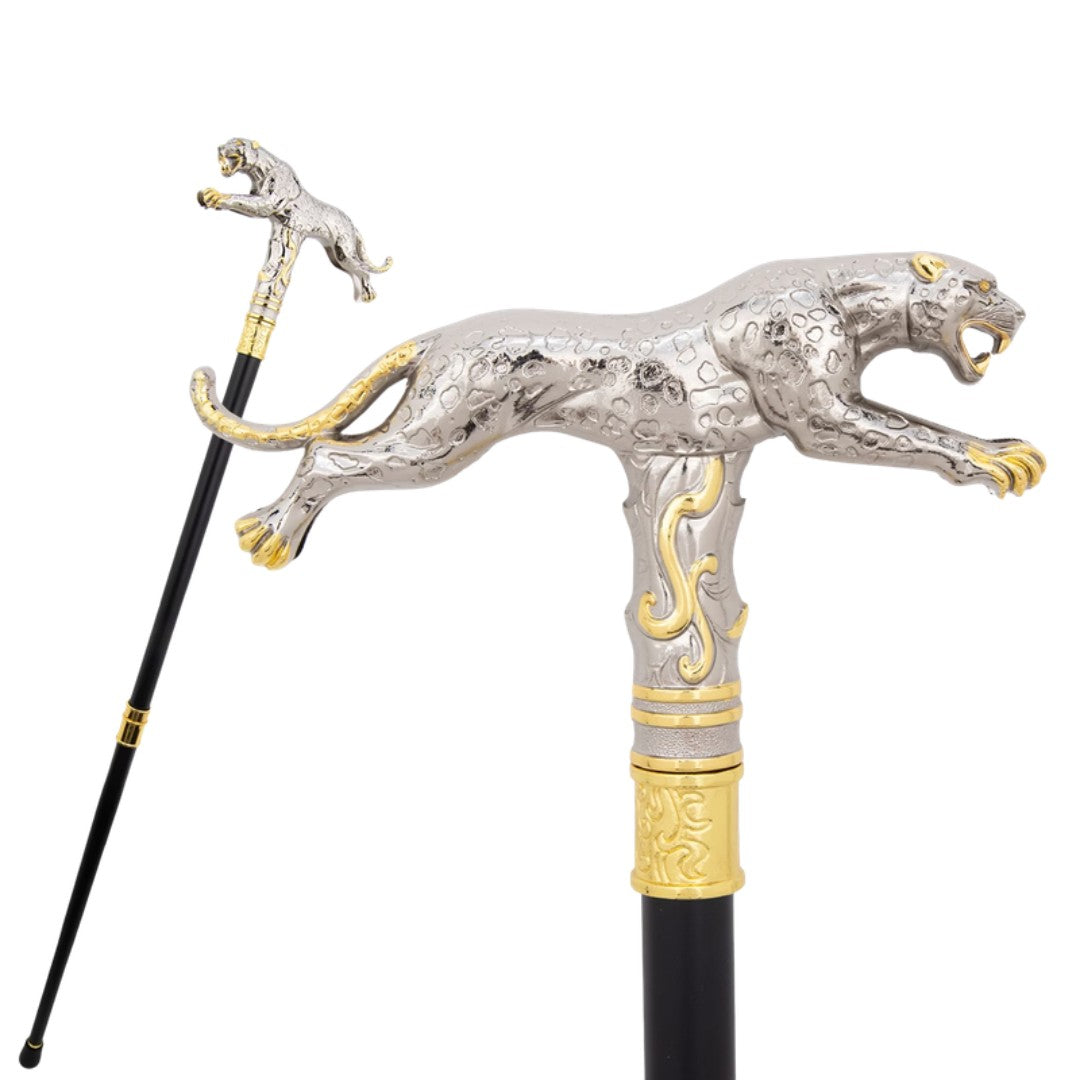 Running leopard walking cane in silver and gold metal, 94cm