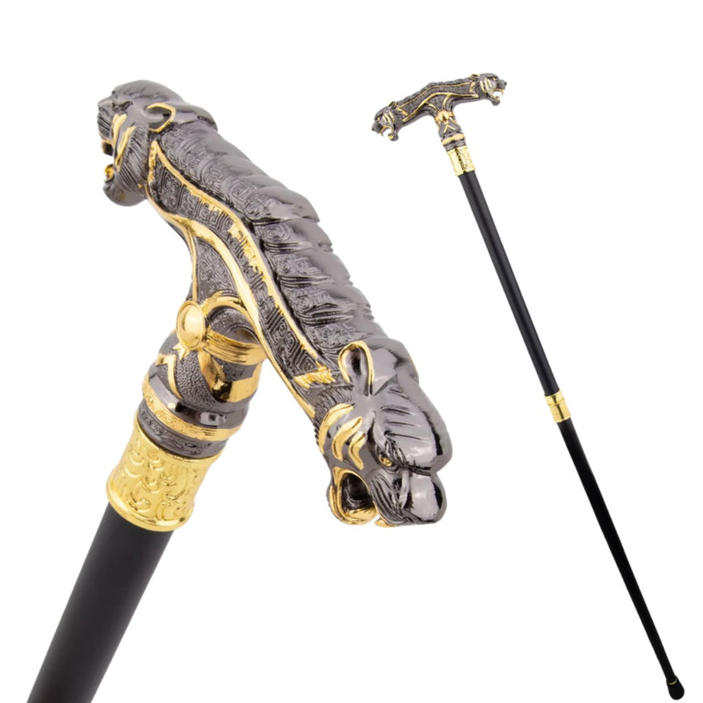 Double head leopard walking cane full length view