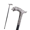 Leopard T-handle walking cane in engraved silver, 93cm