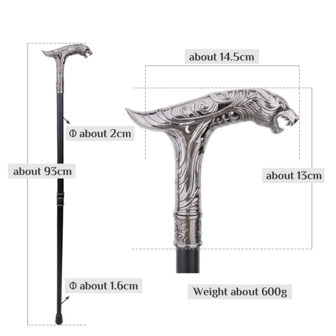 Silver leopard T-handle walking cane full length view