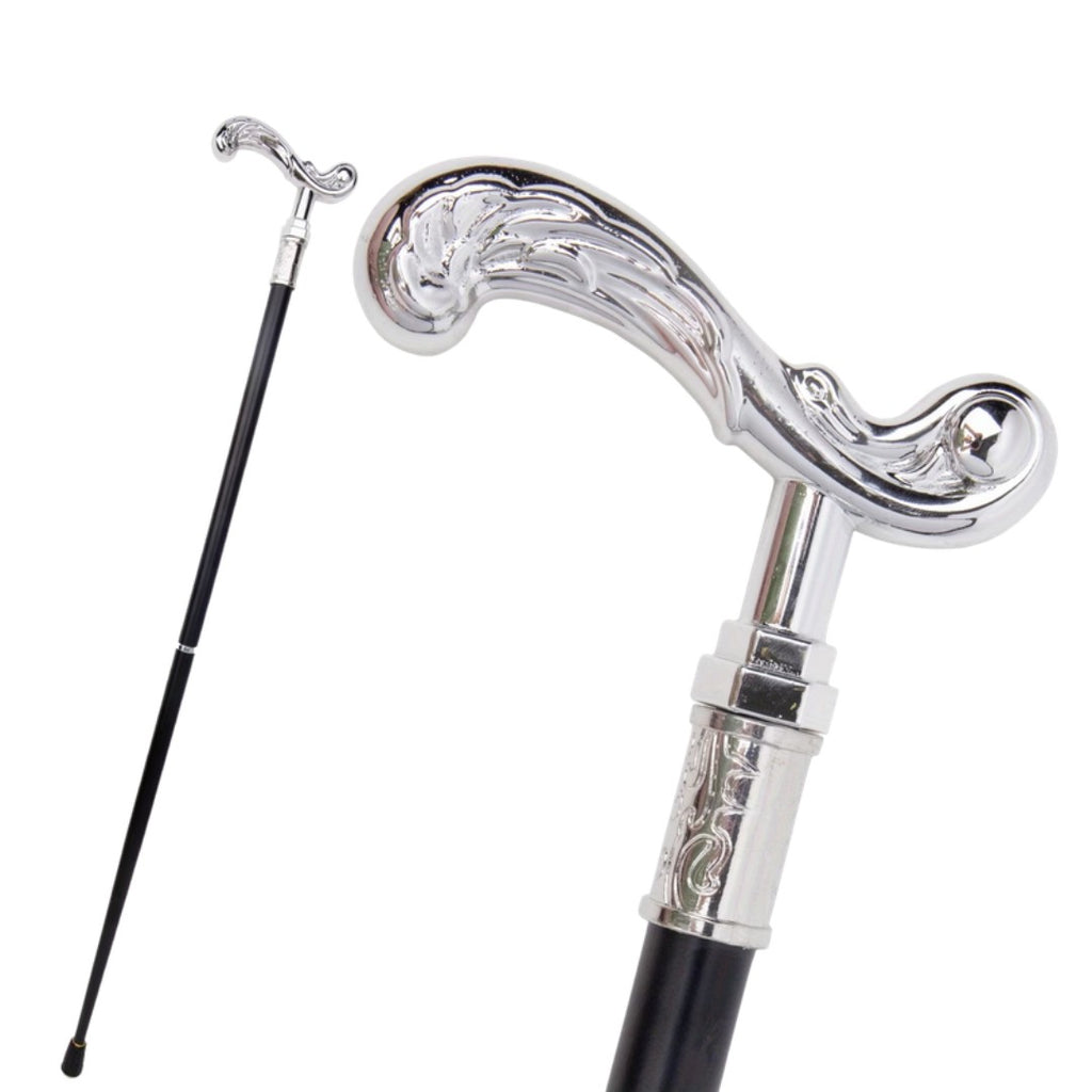 Scroll T-handle walking cane in polished silver, 94cm