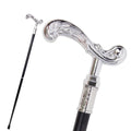 Scroll T-handle walking cane in polished silver, 94cm