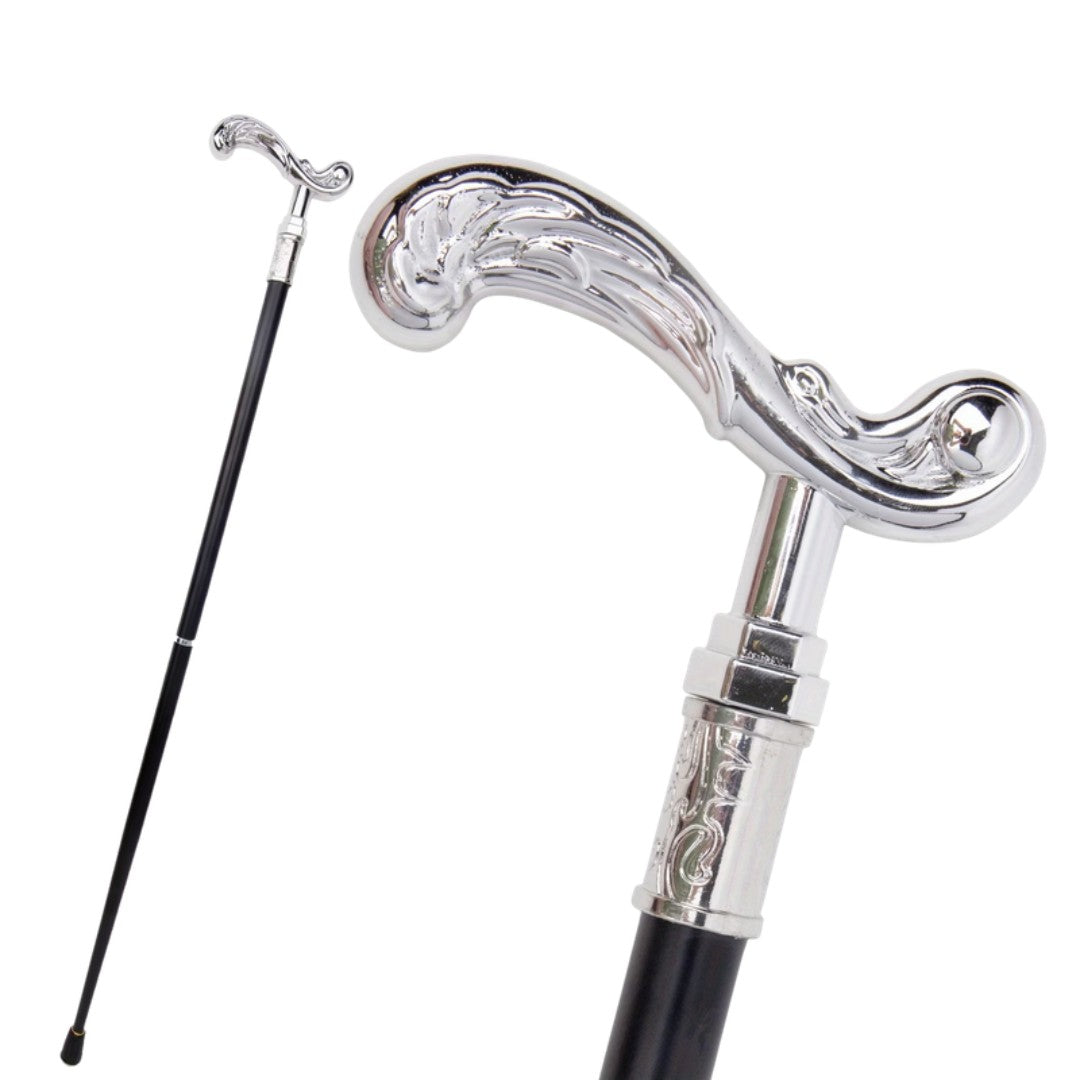 Scroll T-handle walking cane in polished silver, 94cm