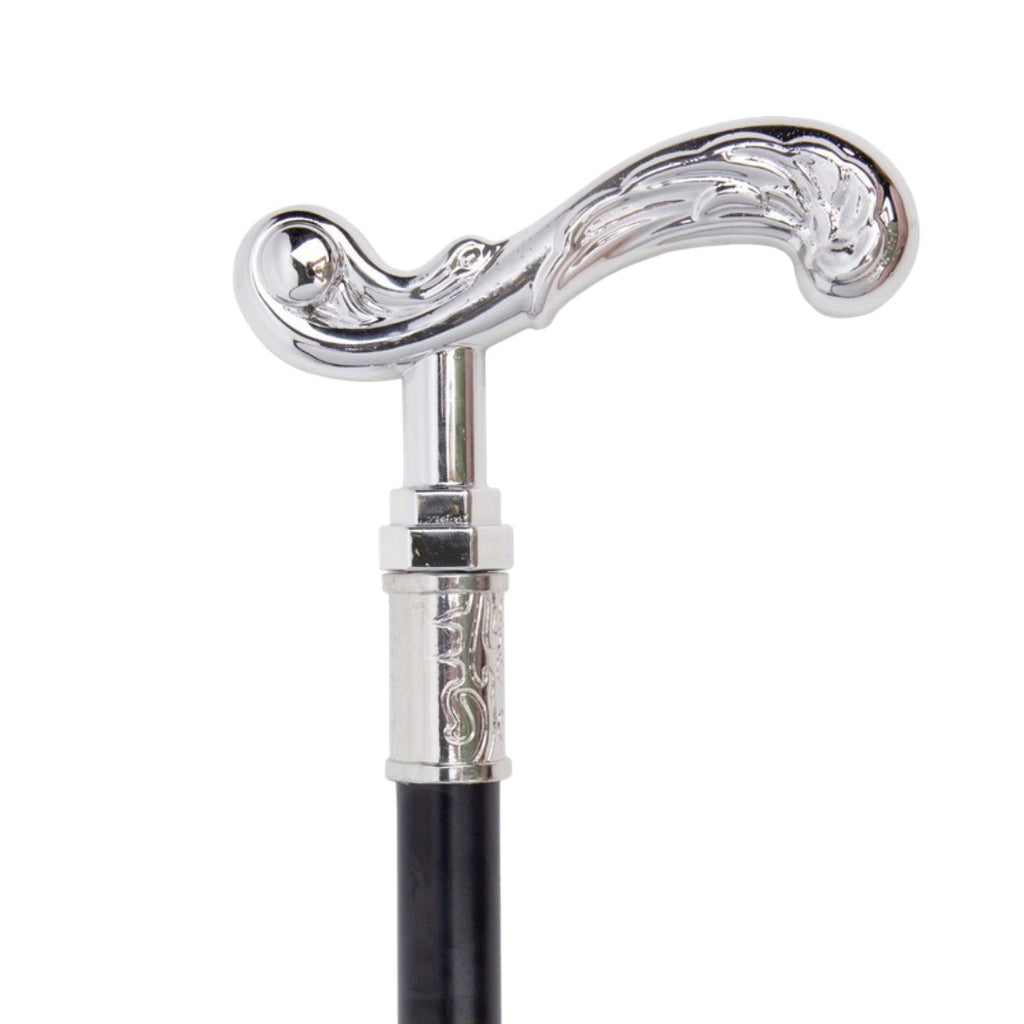 Scroll T-handle silver walking cane full length view
