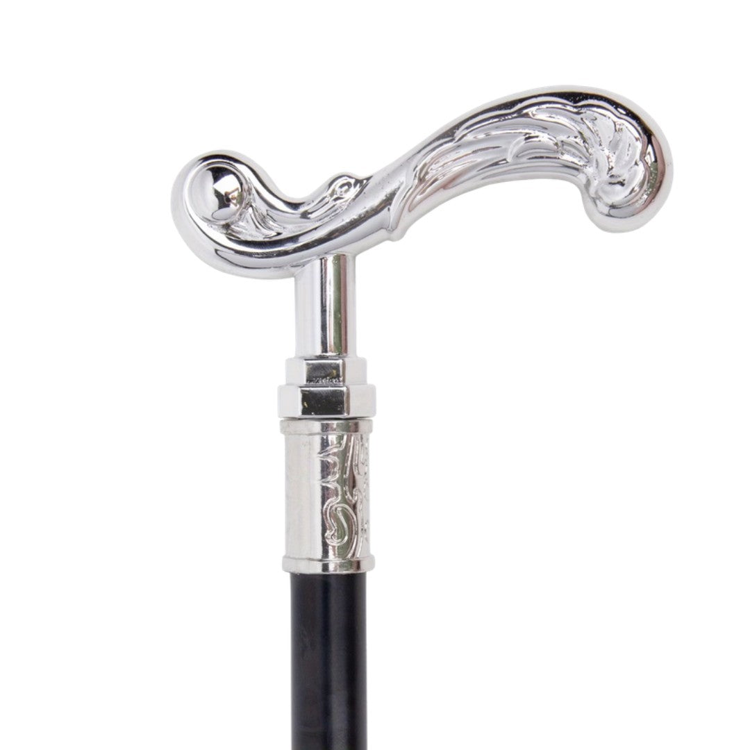 Scroll T-handle silver walking cane full length view