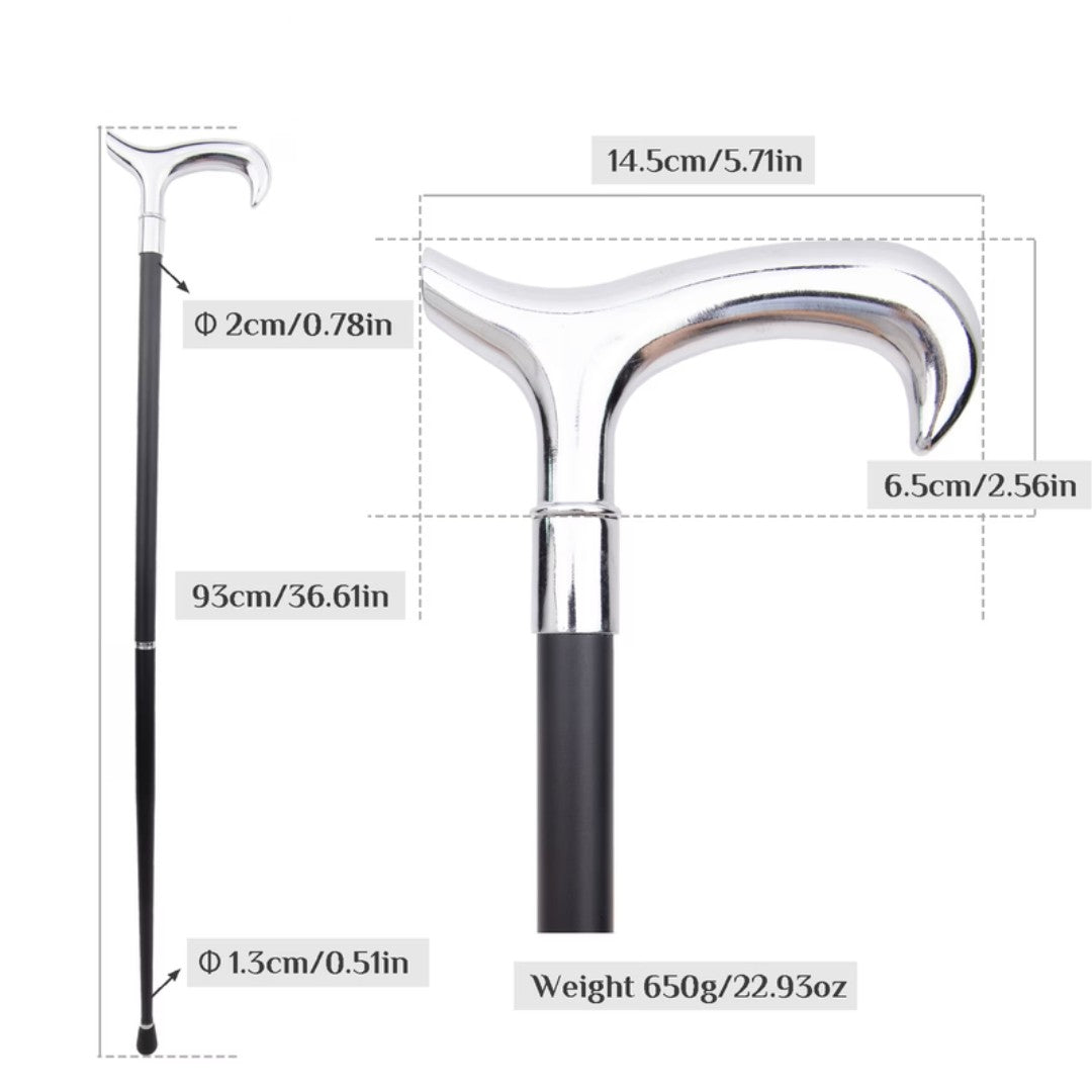 Slim polished silver T-handle detail with curled tip