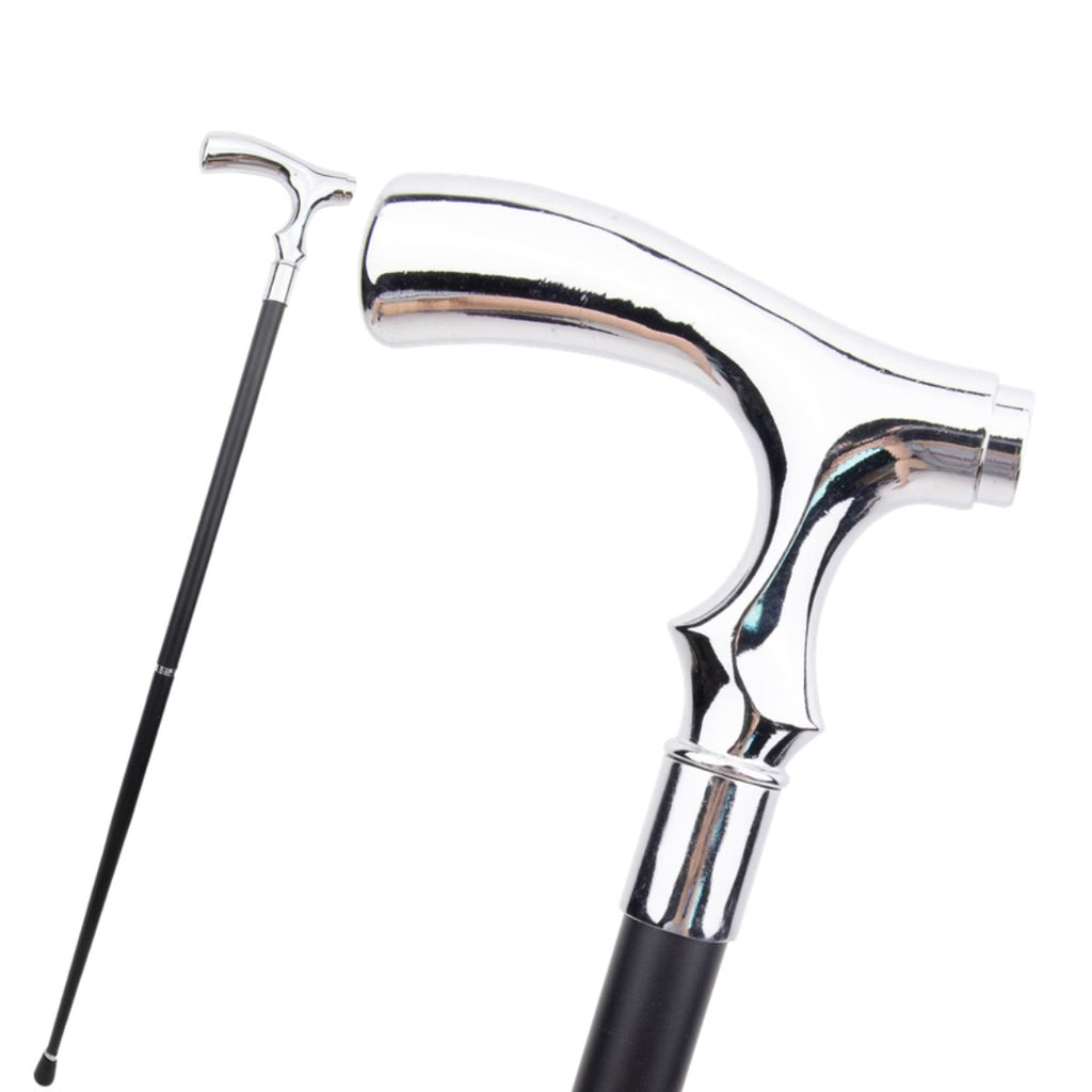 Classic T-handle walking cane in mirror polished silver, 92cm
