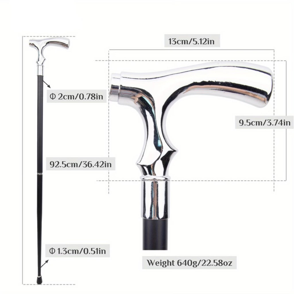 Smooth polished silver T-handle detail on walking cane