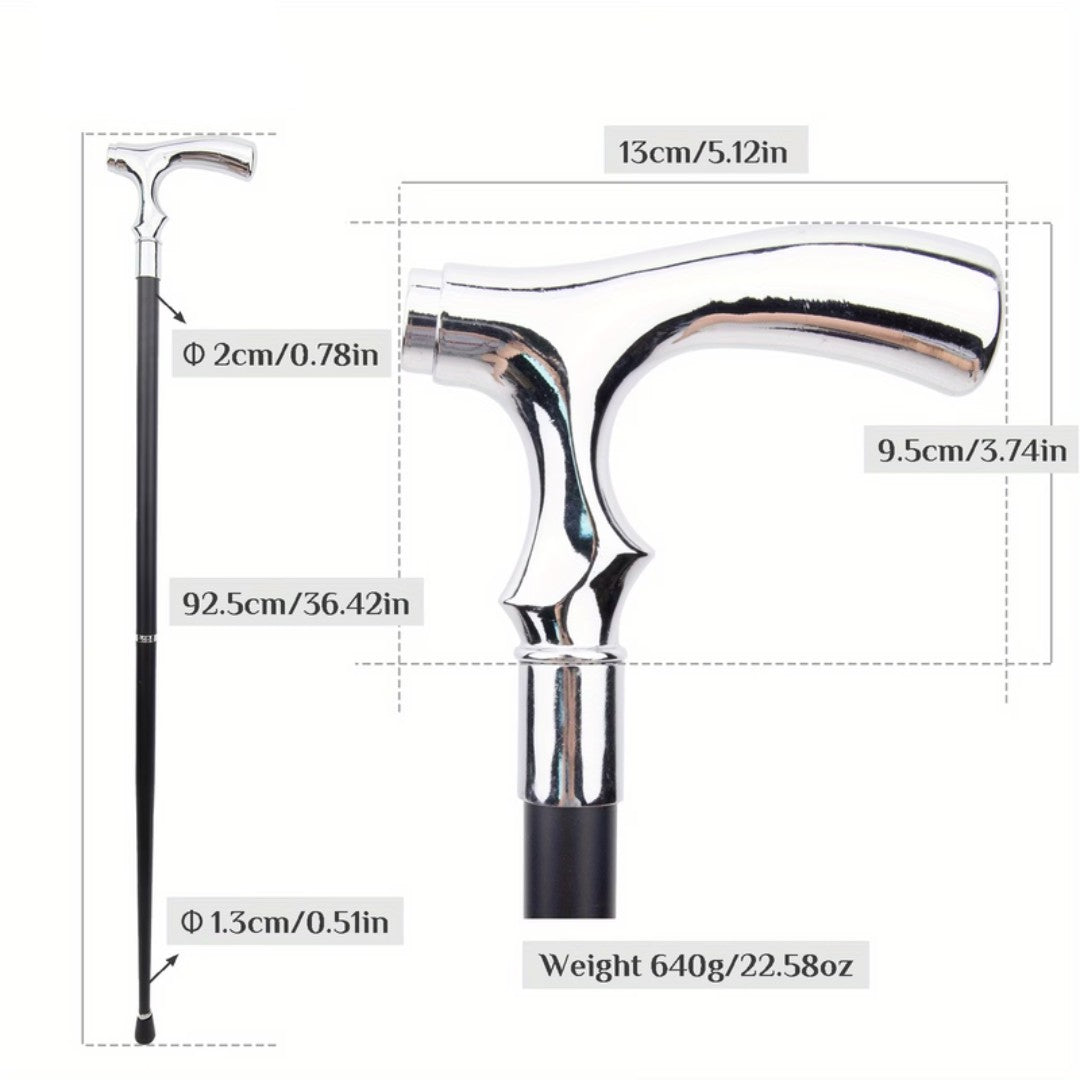 Smooth polished silver T-handle detail on walking cane