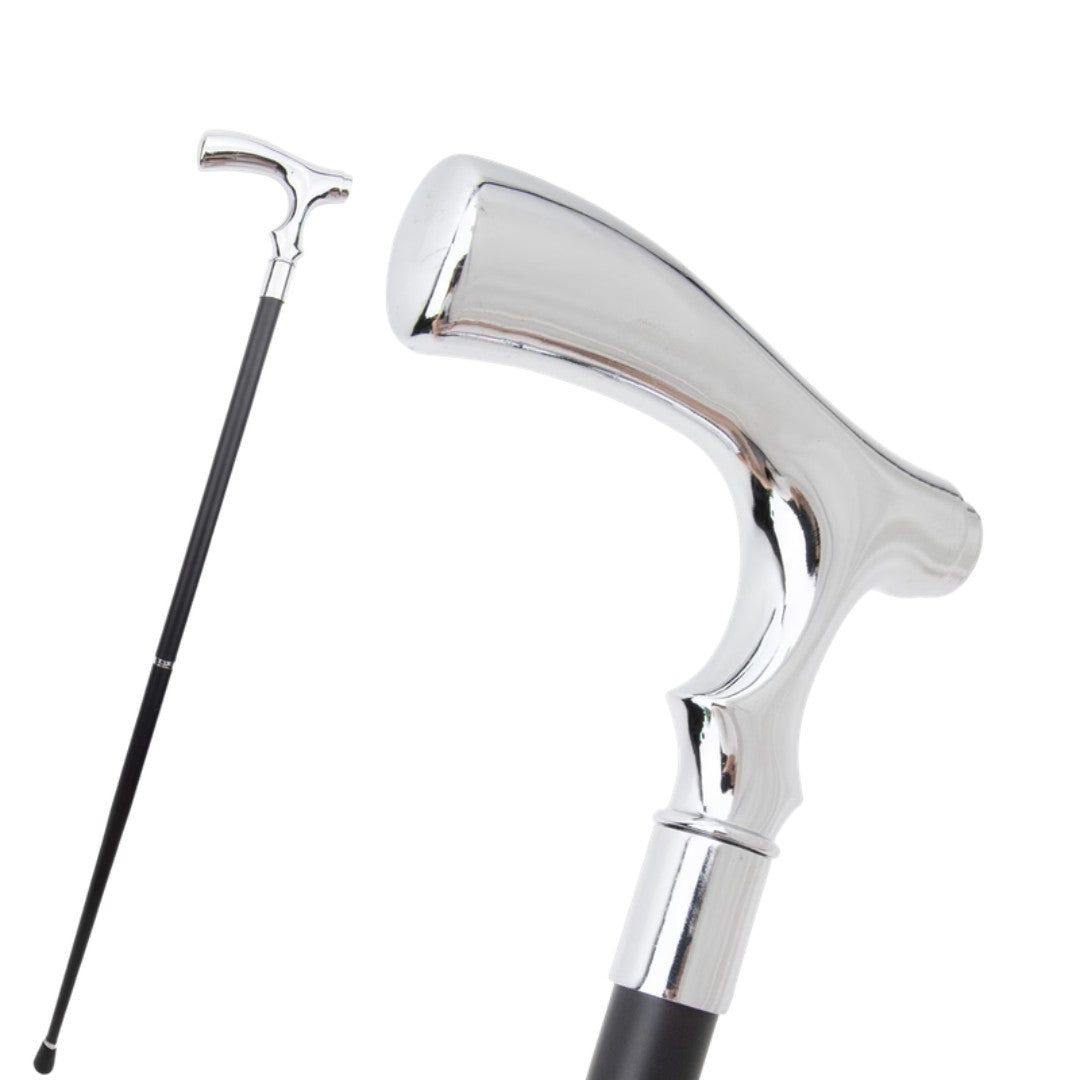 Classic silver T-handle walking cane full length view