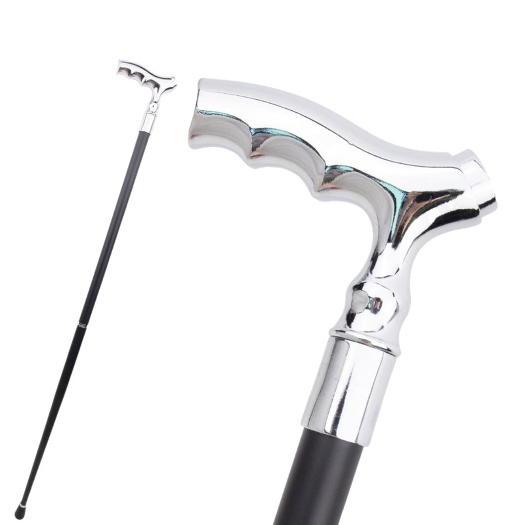 Wave T-handle walking cane in polished silver, 93cm