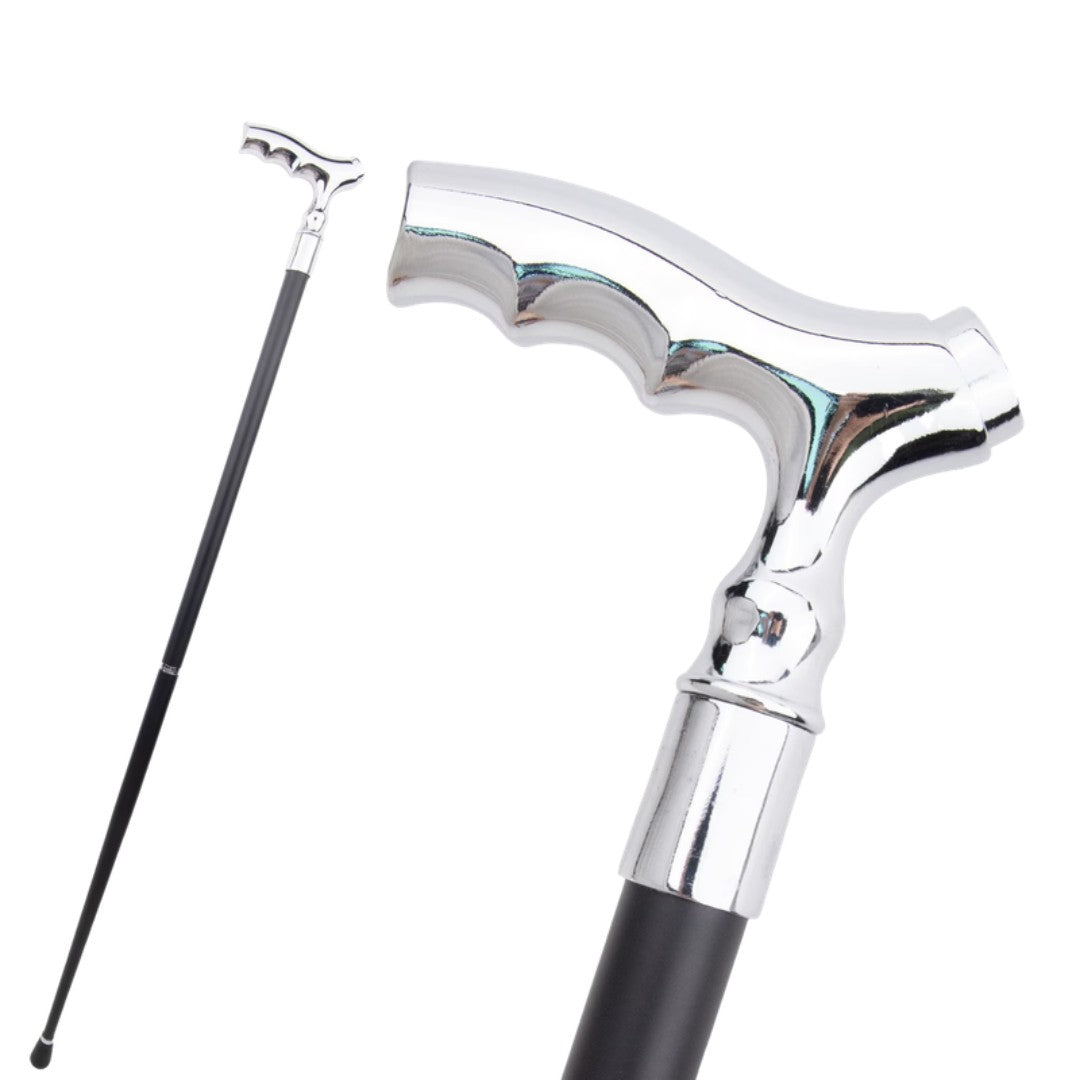 Wave T-handle walking cane in polished silver, 93cm