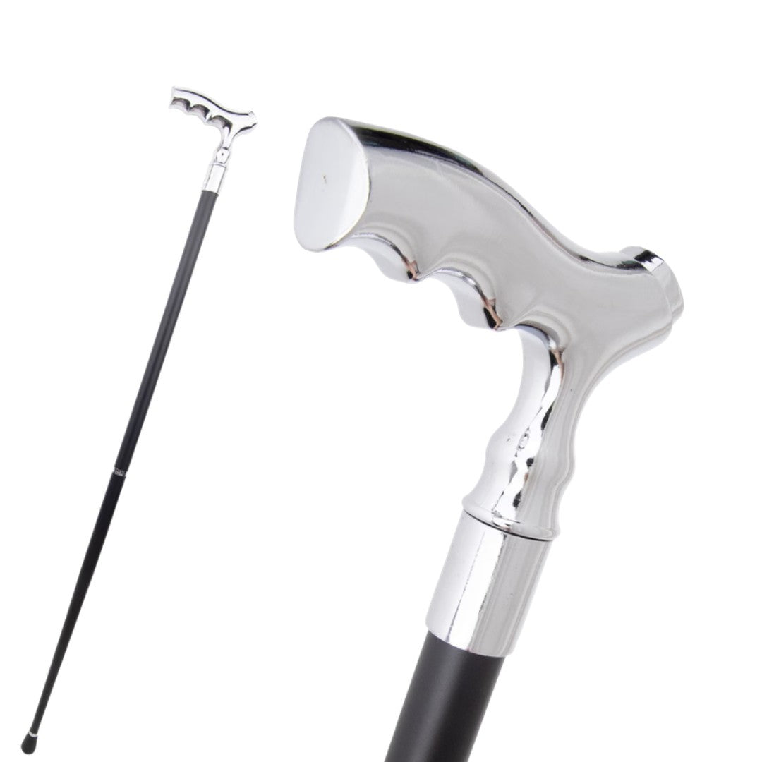 Wave silver T-handle walking cane full length view