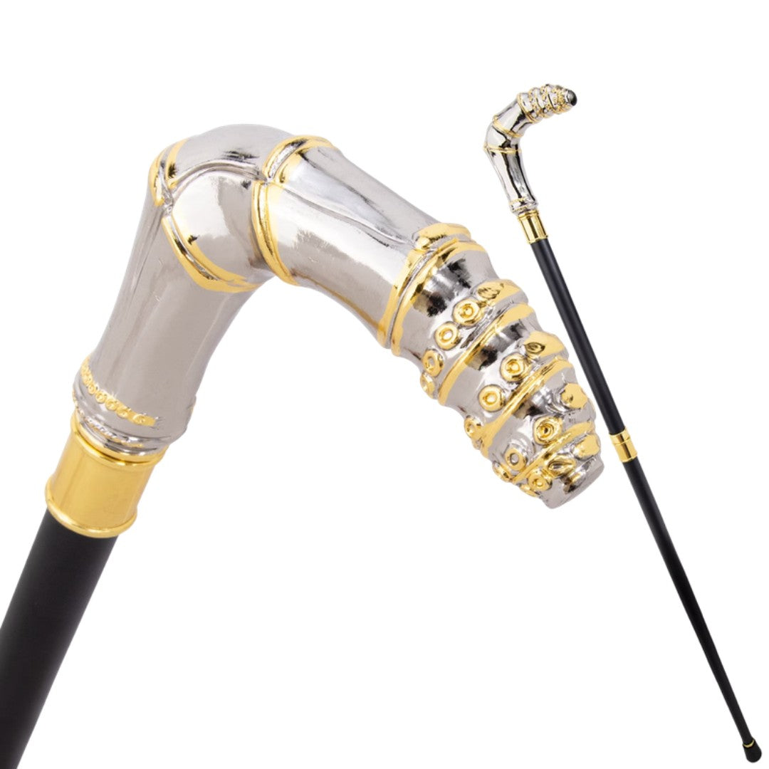 Bamboo T-handle walking cane in silver and gold metal, 92cm