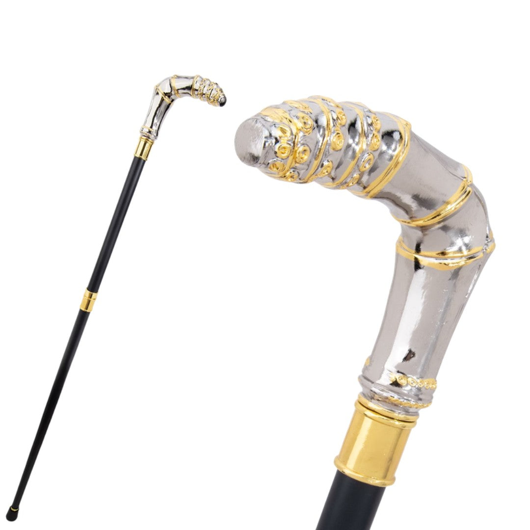 Bamboo T-handle walking cane silver and gold full length