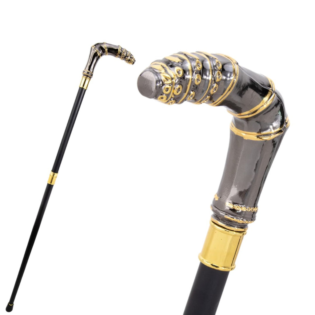 Bamboo T-handle walking cane black and gold full length