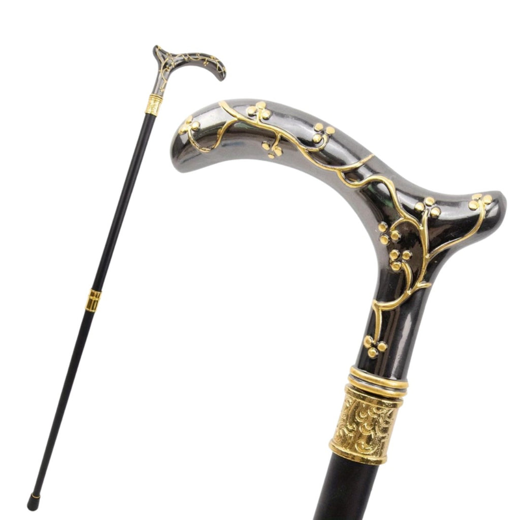 Plum blossom T-handle walking cane in black and gold, 95cm