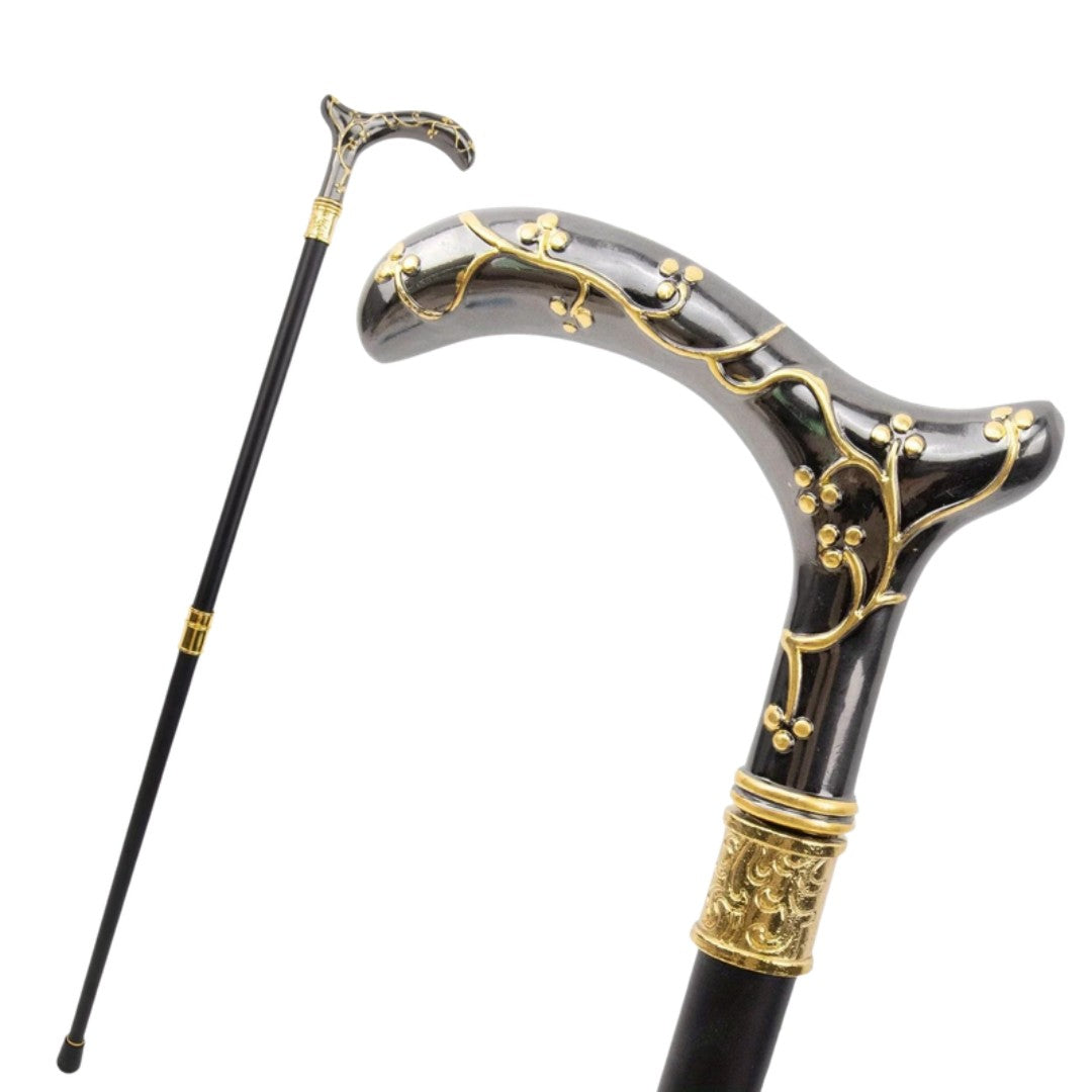Plum blossom T-handle walking cane in black and gold, 95cm