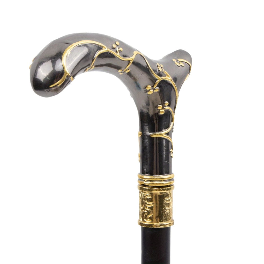 Plum blossom walking cane black and gold full length