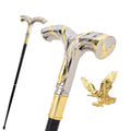 Eagle emblem T-handle walking cane in silver and gold, 92cm