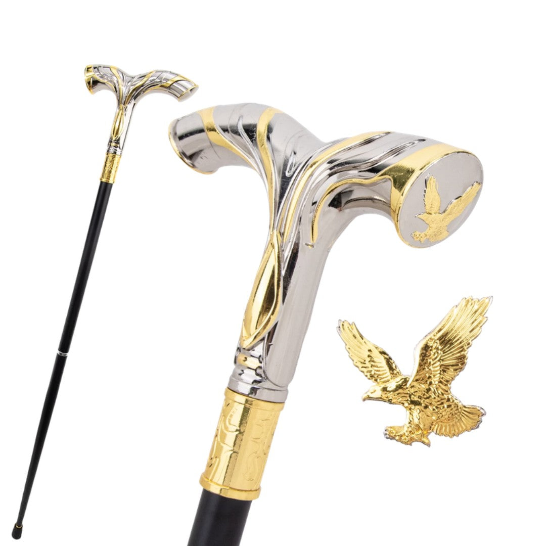 Eagle emblem T-handle walking cane in silver and gold, 92cm