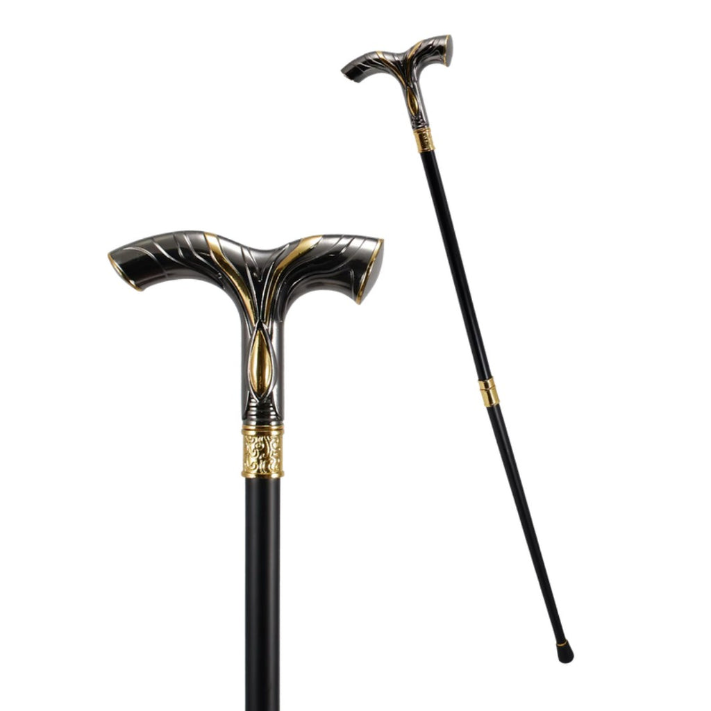Striped T-handle walking cane in black and gold, 93cm