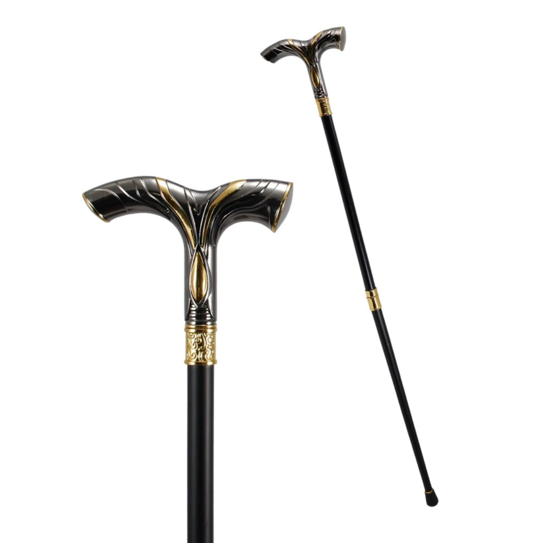Striped T-handle walking cane in black and gold, 93cm
