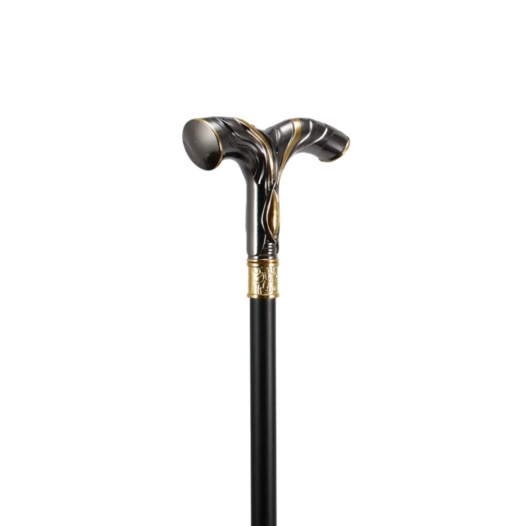 Black and gold striped handle detail on walking cane