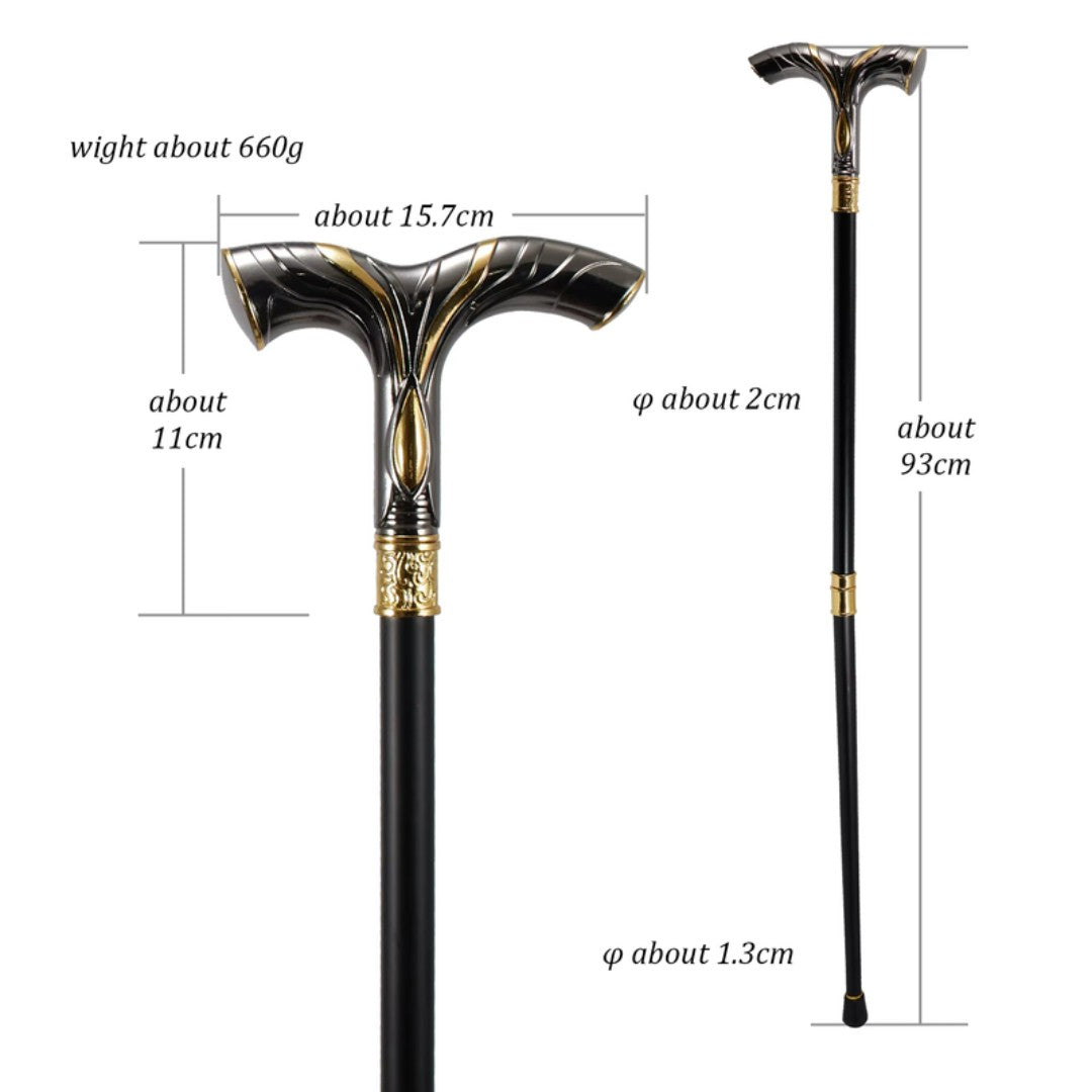 Striped walking cane black and gold full length view