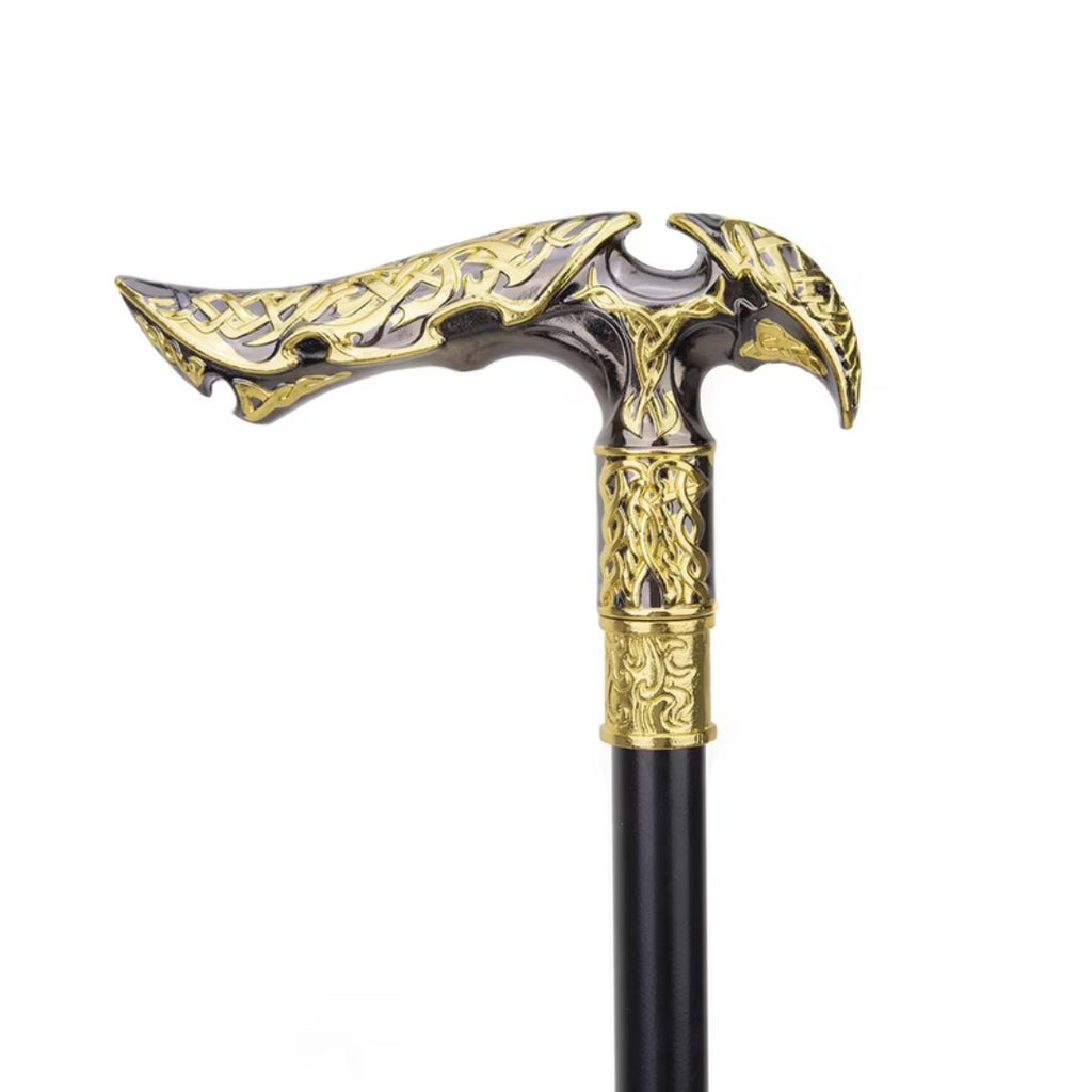 Ornate T-handle walking cane in black and gold, 93cm