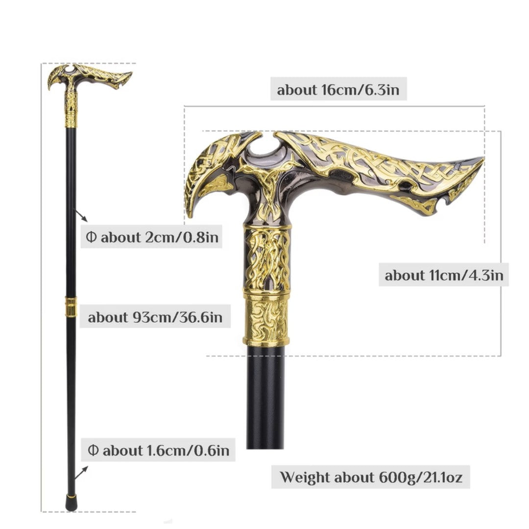 Ornate black and gold walking cane full length view