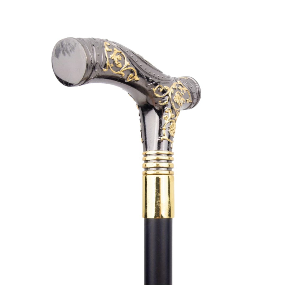 Flower gunmetal and gold walking cane full length view