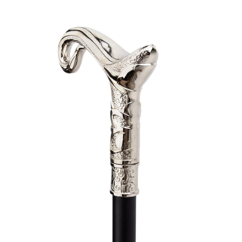 Curve line walking cane silver full length view