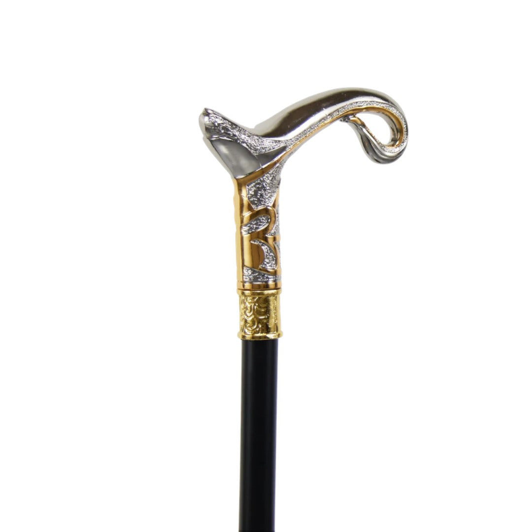 Magic lamp T-handle walking cane in silver and gold, 93cm