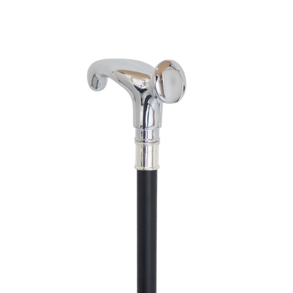 Classic silver T-handle walking cane angled view