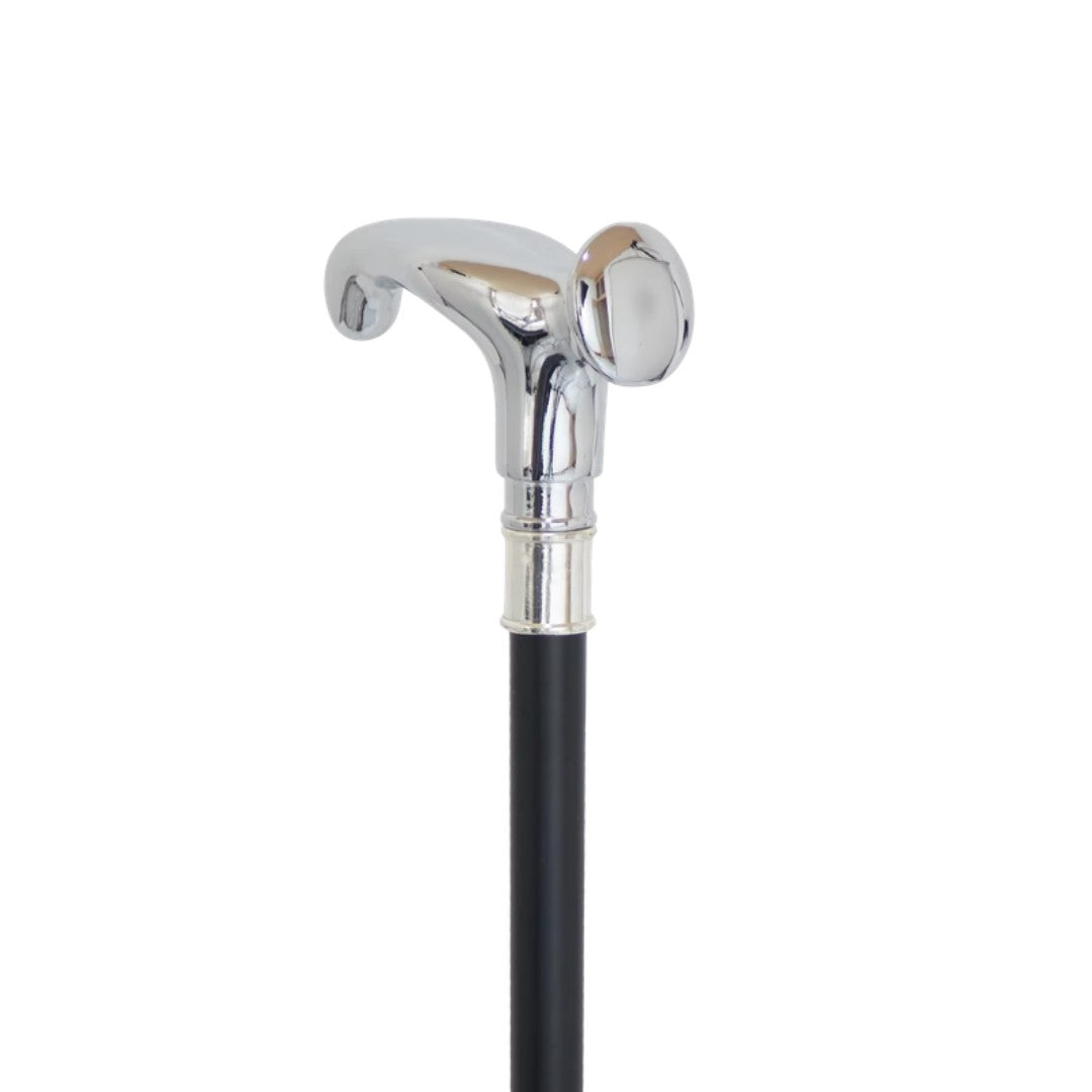 Classic silver T-handle walking cane angled view