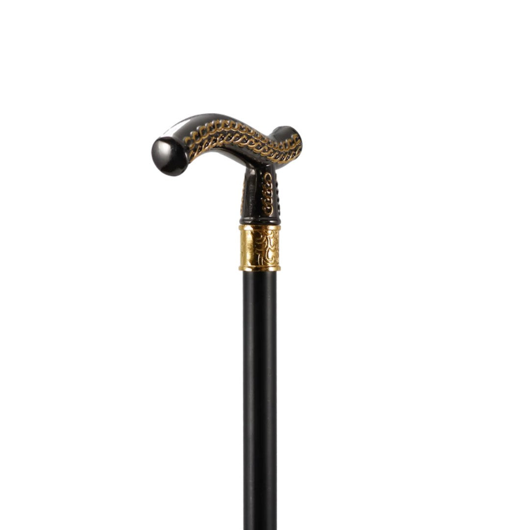 Wheat pattern T-handle walking cane in black and gold, 93cm