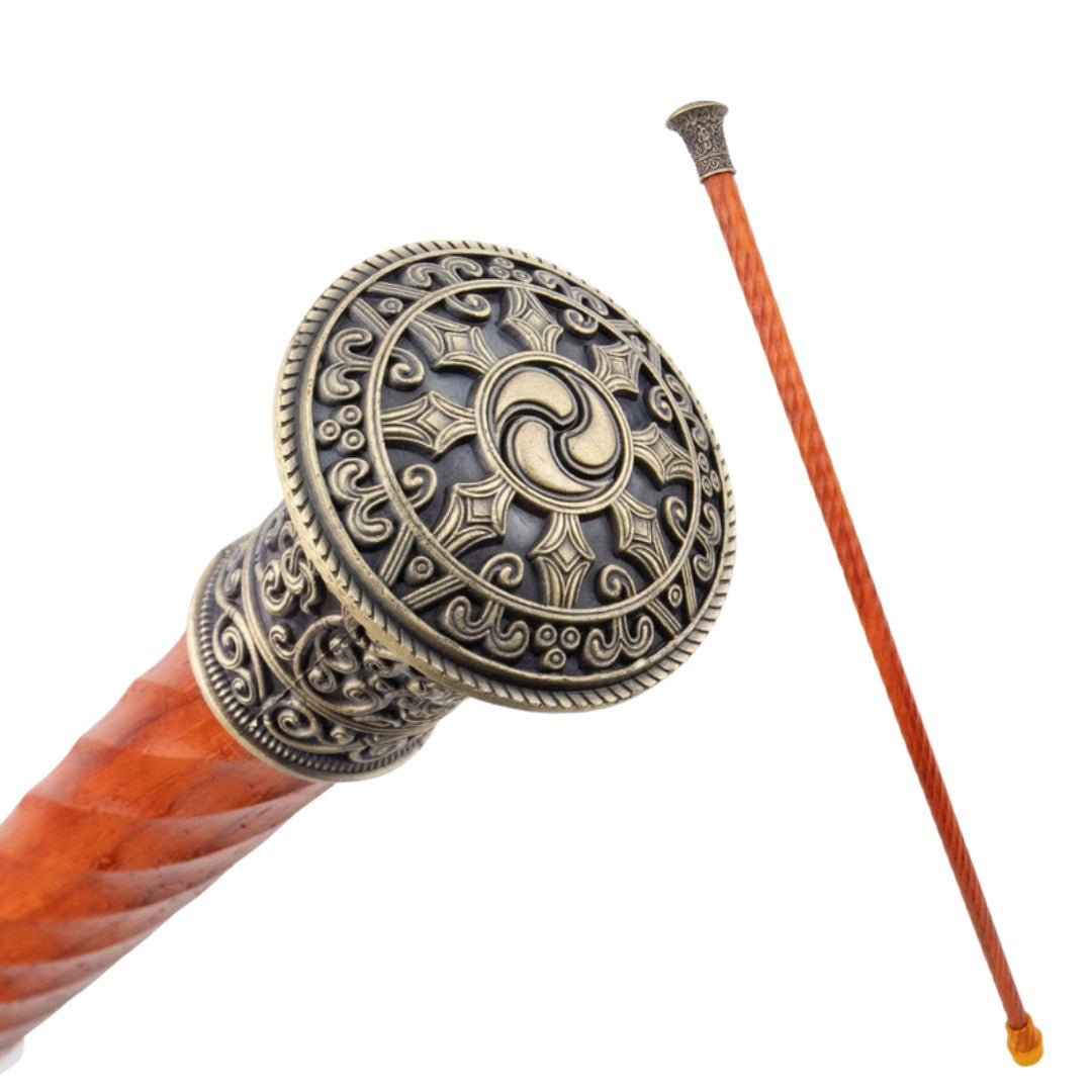 Orange wood walking cane with brass crown knob full length