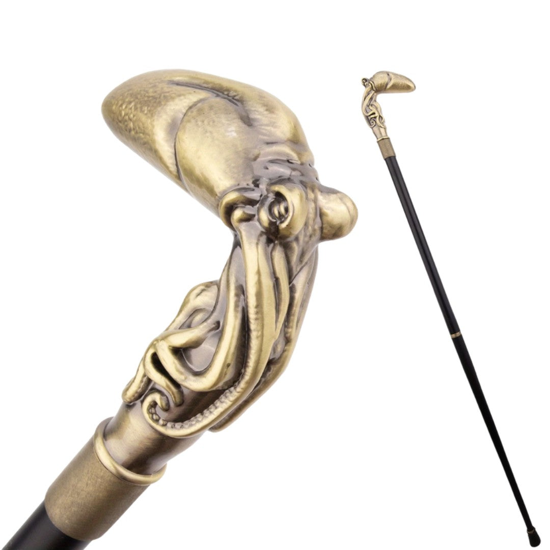 Bronze octopus walking cane full length view