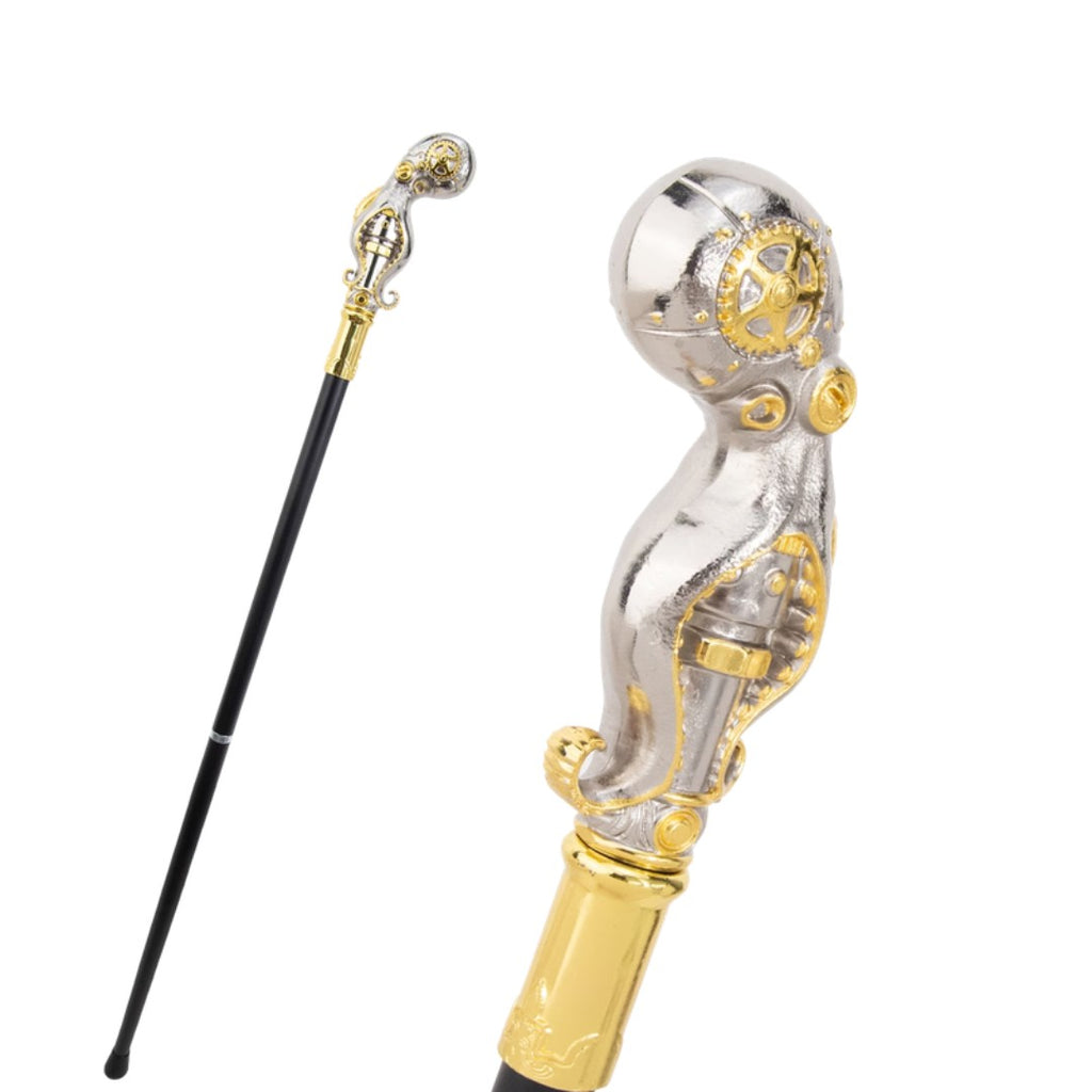 Mechanical octopus walking cane silver and gold full length