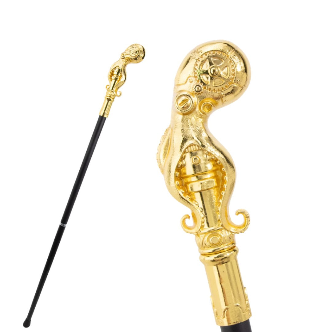 Mechanical octopus walking cane in gold, 93cm