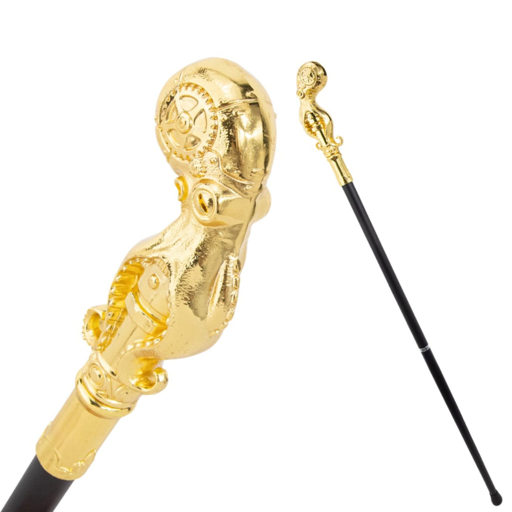 Mechanical octopus walking cane gold full length view