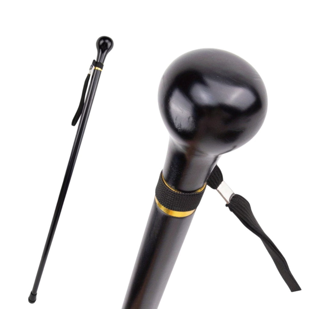 Black knob handle walking stick with gold band, 95cm