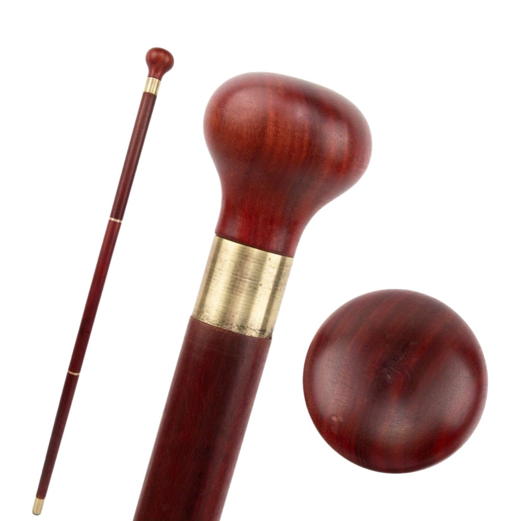 Burgundy knob handle walking stick with brass collar