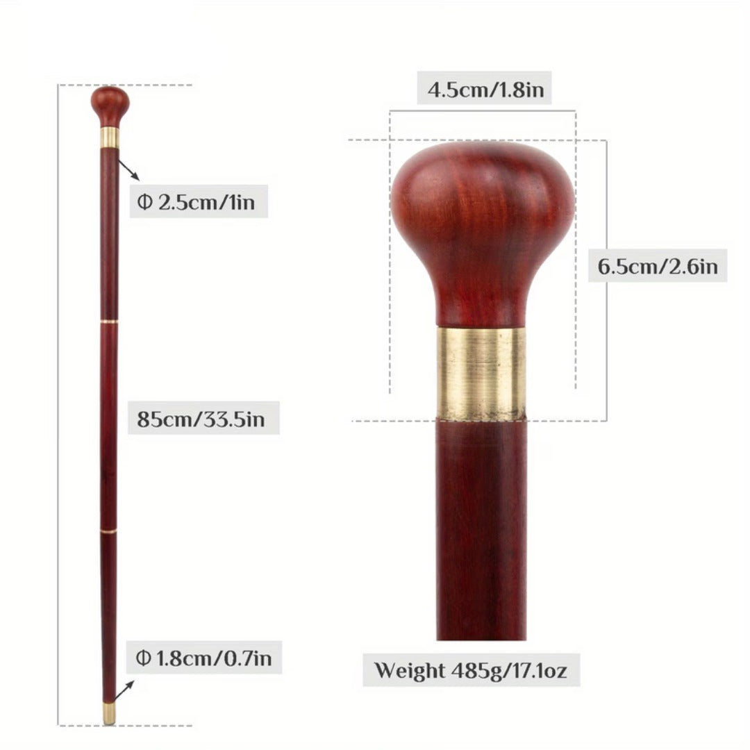 Burgundy knob handle walking stick, dimensions and full length