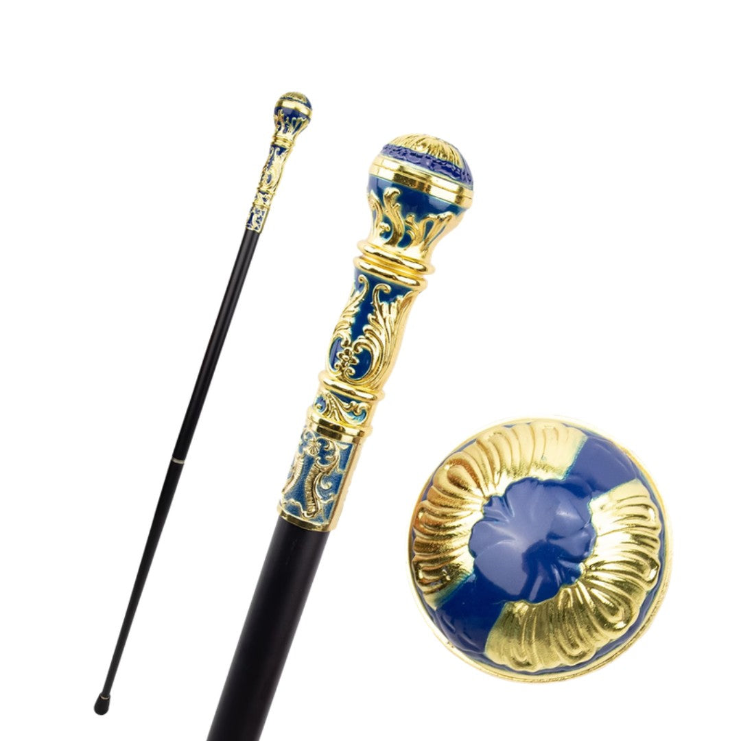 Gold sceptre walking cane with blue and gold ball handle, 93cm