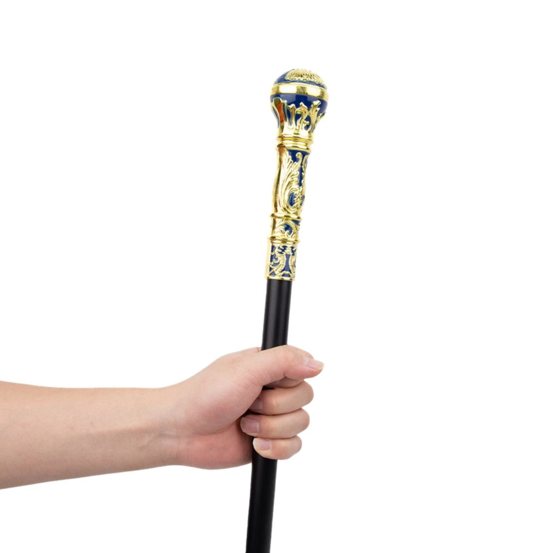 Blue and gold enamelled ball handle detail with baroque scrollwork