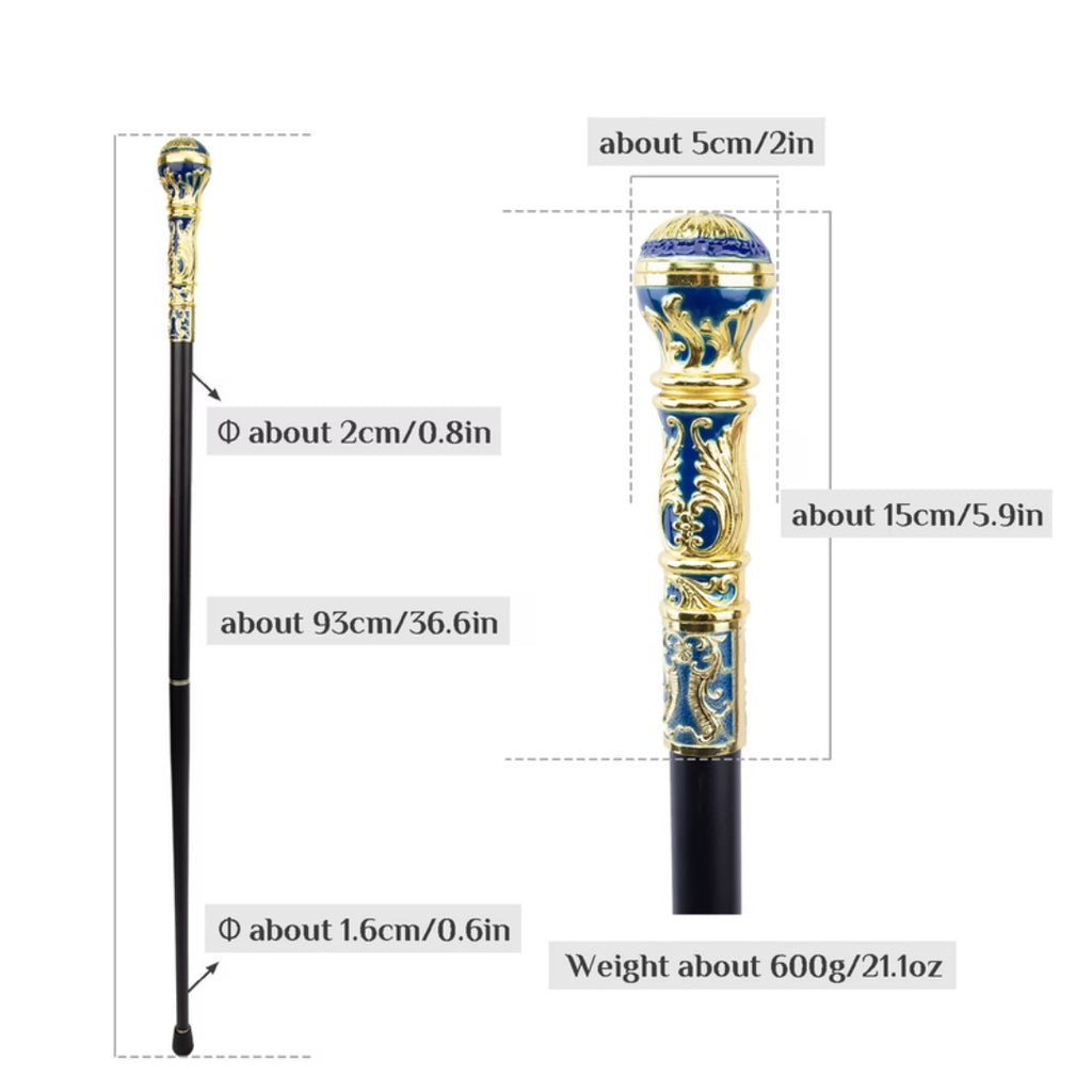 Blue and gold sceptre walking cane full length view