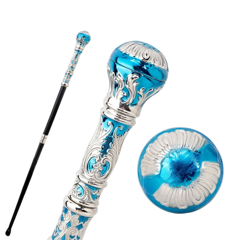 Blue and silver sceptre walking cane full length view