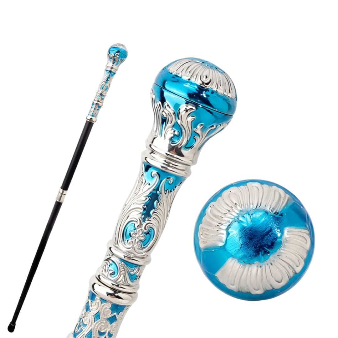 Blue and silver sceptre walking cane full length view